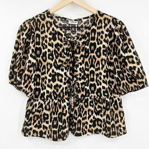 Nordstrom Noisy May Leopard Print Peplum Bow Tie Top Size M Boho Western - Picture 1 of 5